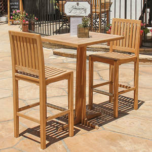 Table de bar en teck massif avec base à piétement unique et plateau à lattes pour un aménagement moderne de terrasse et de café en extérieur - Product Image 4