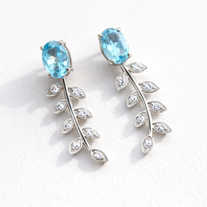 Boucles d'oreilles pendantes tendance pour femme en argent sterling fin plaqué rhodium, avec topaze bleue et zircon cubique en forme de feuille, pour anniversaire et fiançailles - Product Image 3