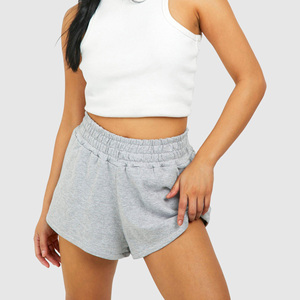 Shorts décontractés gris en coton tissé respirant à taille haute pour femme, avec ceinture et poches, coupe ample, élastique, tendance 2026, prix bas - Product Image 1
