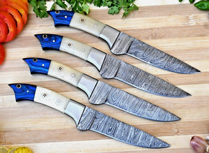 SM KNIVES Juego de Cuchillos para Carne de Acero de Damasco de Grado Industrial, Biselados, con Mango de Hueso, 4 Piezas, 9 Pulgadas de Largo, Kit de Cuero Personalizable - Product Image 5