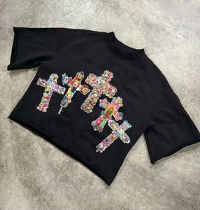 Camiseta Negra con Gráfico de Cruz de Diamantes de Imitación, Algodón Grueso, Manga Corta Oversize, Estilo Urbano para Hombre - Product Image 4