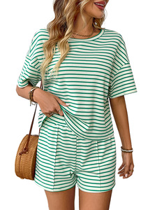 Women's Summer New <b>Knitted</b> Round Neck Short Sleeved Shorts Striped <b>Set</b> Fashionable Casual Short Sleeved Shorts Sports <b>Set</b> - Product Image 5