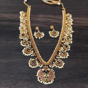 Antique Gold and Rhodium Plated Zirconia Pearl Style Long Bridal Jewelry Set - Product Image 1