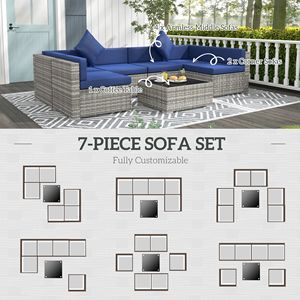 <b>7</b>-Piece Mixed Gray Blue Outdoor Rattan Sofa Set Wicker Patio Furniture <b>Iron</b> Glass Top Coffee Table Pillows Included Hospitals - Product Image 6
