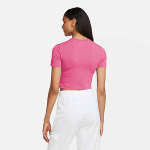 เสื้อยืดครอปท็อปผู้หญิงสีชมพู แขนสั้น คอกลม ผ้าถัก สีพื้น สไตล์ลำลอง สำหรับฤดูใบไม้ผลิและฤดูร้อน - Product Image 2