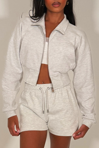 Custom OEM Logo <b>Cropped</b> Full Zip Up Sweatshirt <b>Jacket</b> & Shorts Tracksuit Sporty Lightweight Polyester/Cotton 280 GSM Women's Set - Product Image 6
