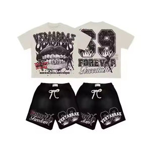 Conjunto de Camiseta y Pantalones Cortos Deportivos Vintage con Estampado de Logotipo Personalizado, Lavado Ácido, Estilo Urbano, con Pedrería y Serigrafía - Product Image 2