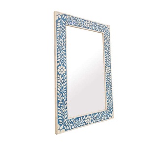 Espejo de Pared Rectangular Mediterráneo con Incrustaciones de Hueso, Marco de Madera Hecho a Mano, Decoración Floral Azul y Blanca - Product Image 1