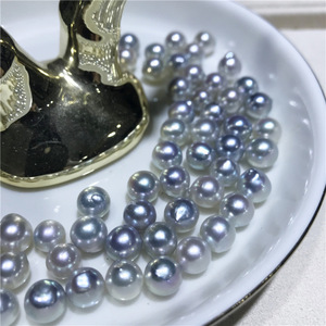 Perles de mer Akoya naturelles de 7-8 mm, semi-baroques, grises avec une forte luminosité, légères imperfections, perles nues en lin véritable - Product Image 2