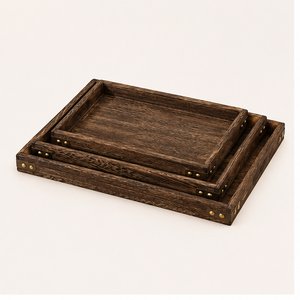<b>Set</b> Of 3 Rustic Wooden Serving Trays With Brass Accents Nesting Rectangular Wood Platter For Coffee Table <b>Breakfast</b> In Bed - Product Image 3