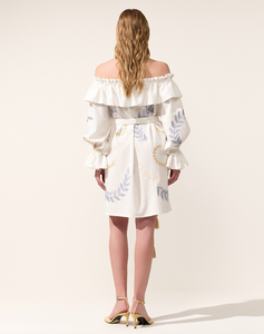 Vestido Mini de Algodón Blanco para Mujer, Hombros Descubiertos, Estampado Floral, Manga Larga, Cintura Ajustable, Estilo Boho - Product Image 2