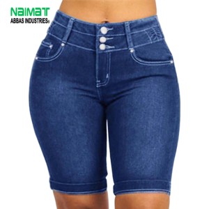 Womens High Rise Blue Denim Bermuda Shorts Triple Button Waist Slim Fit Stretchy Cotton Blend Summer Fashion Jean Shorts - Product Image 1