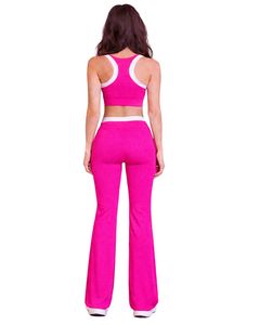 ชุดออกกำลังกายผู้หญิงสีชมพูสดและสีขาวตัดกัน ประกอบด้วยเสื้อชั้นในกีฬาและกางเกงขาบานเอวสูง ผ้าสเตรช เหมาะสำหรับโยคะ ฟิตเนส และยิม รับผลิตตามแบบ (OEM) ขายส่ง - Product Image 2