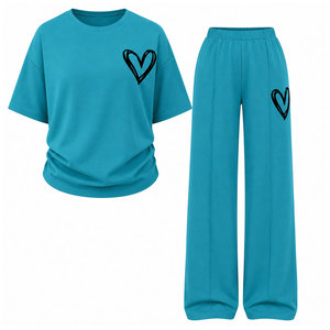 Conjunto de 2 Piezas para Mujer, Top de Manga Corta con Cuello Redondo y Pantalones Anchos Relajados, Estilo Casual de Algodón y Bambú con Cordón Ajustable para Verano - Product Image 4