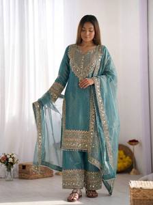 <b>Women</b> <b>Teal</b> Blue Embroidered Anarkali <b>Suit</b> With Dupatta Floor-Length Traditional Indian Pakistani Wedding Wear - Product Image 4