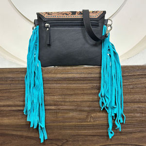 Bolso Bandolera de Cuero Vacuno Estilo Occidental de Moda 2025 con Solapa Floral Repujada y Flecos Turquesa, Bolso de Hombro Boho Hecho a Mano para Mujer - Product Image 5