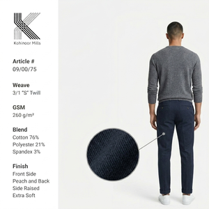 Pantalones de Sarga Elástica para Hombre, Mezcla de Algodón, 260 GSM, Frente Acolchado, Parte Trasera Elevada, Acabado Suave, Azul Marino, Pantalones Casuales, Fabricante OEM - Product Image 3