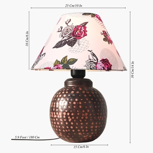 Vintage style Floral <b>Table</b> Lamp Rose Pattern Fabric Shade Hammered Copper Base Artistic <b>Bedside</b> Nightstand Light Home Decor - Product Image 3