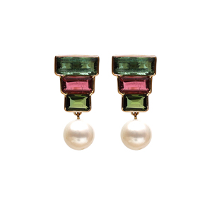 Natural Multicolor Tourmaline Baguette and Pearl Drop <b>Earrings</b> in Solid 18K Yellow Gold Tiered Geometric Deco Statement Studs - Product Image 1