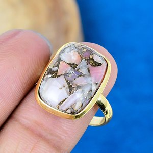 Natural Pink Opal Copper Cushion Shape Gemstone <b>Ring</b> 18k Gild Micron Over <b>925</b> Sterling <b>Silver</b> - Product Image 3