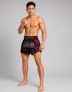 Shorts de Muay Thai Fairtex Noir Rouge Imprimé Éclaboussures Unisexe Vêtements d'Arts Martiaux Mixtes Coupe Classique Respirant Durable Polyester Flamme - Product Image 3