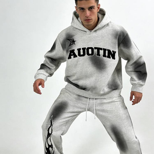 Ensemble de survêtement à capuche pour homme, manches longues, en coton, décontracté, gris, imprimé tie-dye, lettres, pour l'automne - Product Image 3