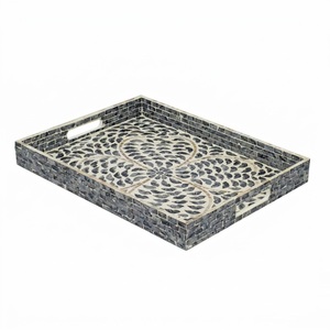 Plateau de luxe en nacre, fait main, carré, avec incrustation de nacre, motif feuille chevron, plateau décoratif pour table basse ou ottoman - Product Image 5