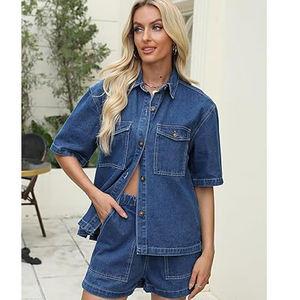 Conjunto de dos piezas de mezclilla de alto rendimiento para mujer: Top y shorts de mezclilla de moda casual, efecto adelgazante, ¡gran oferta! - Product Image 1