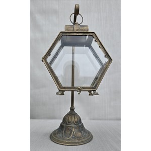 Hexagon <b>Brass</b> <b>Lantern</b> with Glass Panels and Decorative Base for Home Decoration Durable Finish - Product Image 1