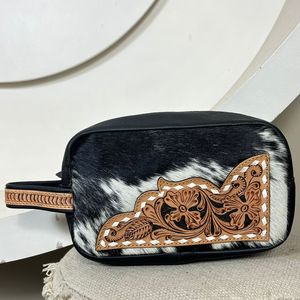 Haute qualité usiné à la main voyage trousse de toilette grande capacité multifonctionnel sacs à cosmétiques peau de vache Portable stockage sacs de maquillage - Product Image 4