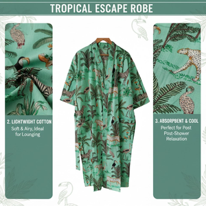 Robe de nuit longue en coton tissé à la main pour femme, col en V, manches longues, imprimé animaux de la jungle, style kimono, avec cordon de serrage - Product Image 5