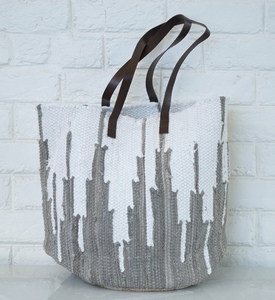 Sac fourre-tout en coton avec poignées en cuir, style bohème écologique, grande capacité, fermeture ouverte, pour femme, usage quotidien, plage, toutes saisons - Product Image 5