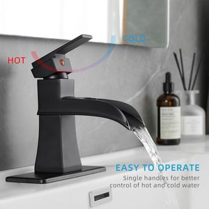 Rubinetto per lavabo a cascata nero a 1 foro con maniglia singola, scarico a scomparsa, tubi di alimentazione e piastra di copertura - Rubinetti bagno monocomando - Product Image 2