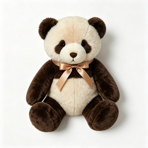 Soft fluffy <b>brown</b> and cream panda plush toy with satin ribbon, Cute sitting panda stuffed animal with elegant bow <b>tie</b> - Product Image 4