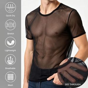 Chemises en maille micro-tricotées ultra-transparentes noires à manches courtes, coupe moderne minimaliste, style streetwear, effet résille - Product Image 3