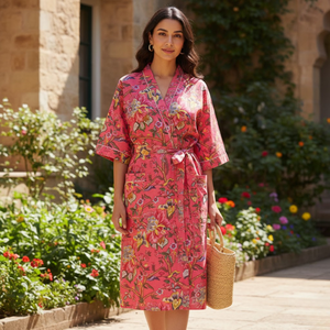 ชุดกิโมโนผ้าฝ้ายพิมพ์ลายดอกไม้ป่า สำหรับผู้หญิง คอวี แขนยาว ความยาวเต็มตัว มีกระเป๋าหน้า 2 ช่อง พร้อมเชือกผูกเอว ชุดนอน - Product Image 2