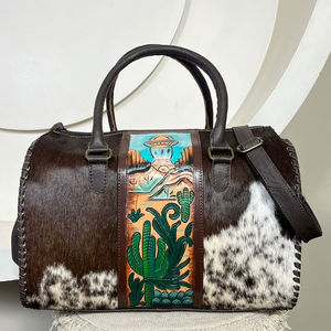 Handcrafted <b>Tooled</b> Genuine Cowhide <b>Leather</b> Large Speedy Bags Luxury Western Designer Crossbody Weekender Travel Duffel Bags - Product Image 4