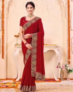 KV <b>Women's</b> Embroidered, Embellished Bollywood Silk Blend Saree With Unstitched <b>Blouse</b> (<b>Red</b>) - Product Image 5