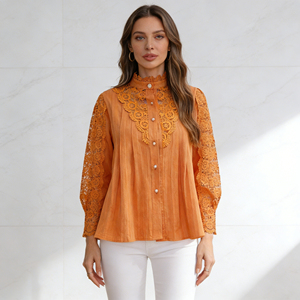Oferta especial en Temu |   Blusa Elegante para Mujer con Detalles de Encaje Naranja, Cuello Alto, Manga Larga, Estilo Casual y Fluido - Product Image 4