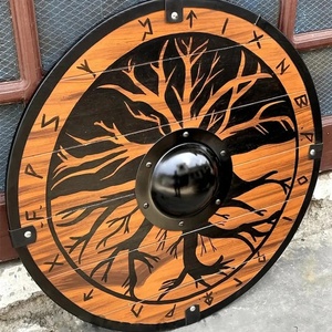 Bouclier Viking en bois fait main de qualité DIY Ahmad Fabric, 24 pouces, orange et noir, bouclier rond décoratif avec coupelle centrale en acier - Product Image 4