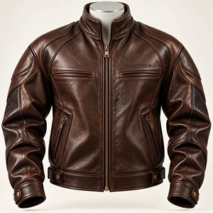Chaqueta de cuero marrón para hombre, estilo vintage, con cuello alto, cierre de cremallera, estilo motero, corte ajustado. - Product Image 4