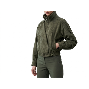 Olive <b>Suede</b> Oversized Moto Bomber <b>Jacket</b> for Men - Product Image 3