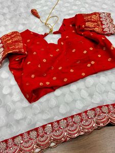 Traditional Indian Georgette Saree <b>Red</b> Embroidered Border White <b>Blouse</b> Wedding Party Wear Women's Bridal Outfit Floor Length - Product Image 5