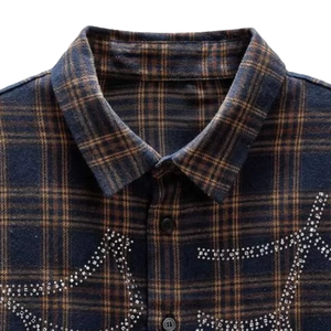 Chemise en flanelle à carreaux avec strass, coupe ample, douce et respirante, style vintage printemps/été, 100% coton - Product Image 3