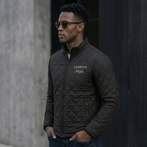 Men's Black Quilted <b>Jacket</b> With Custom Logo Front Zipper Stand Collar Casual Autumn Wear Windproof Polyester Wadding - Product Image 3