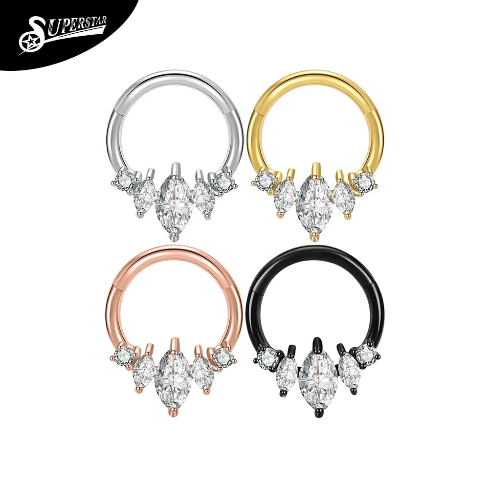 Superstar 316L stainless steel septum welded prong setting marquise shape zircon piercing jewelry hinged segment clicker ring