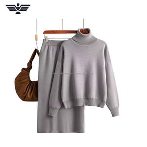 Ensemble coordonné décontracté pour femme, pull sans col et jupe mi-longue, couleur unie, été, haut court, polyester + élasthanne, coupe régulière, best-seller 2025 - Product Image 1