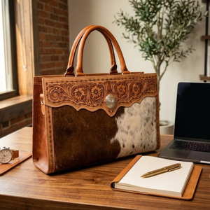 Hand Tooled Hair-On Genuine Leather Tote Bag | Western Floral Cowhide Briefcase with Strap | Stylish Designer Laptop Office Bag - Product Image 6