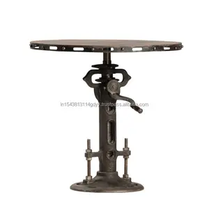 ROUND INDUSTRIAL CRANK TABLE BASE AND TOP FOR DINING TABLE ADJUSTABLE TO BAR TABLE HEIGHT 76 CMS TO 106 CMS