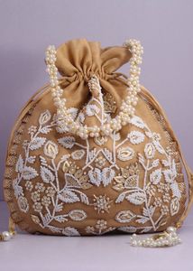 Bridal Cotton Silk Embroidery <b>Pearl</b> Bead Potli Handmade Festive Wedding Traditional Ladies Ethnic Party <b>Bucket</b> Purse Luxury - Product Image 4